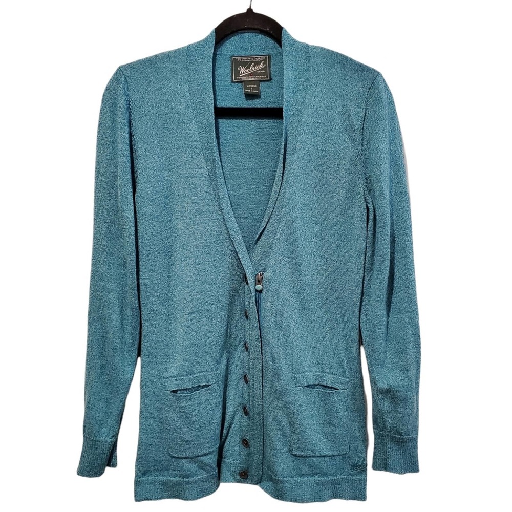 Woolrich Womens Teal Merino Wool Half Button Up Cardigan Size Small Pockets